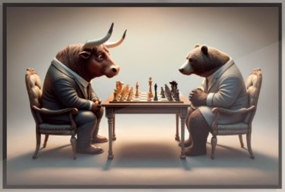 Touro e urso em um jogo de xadrez, simbolizando a dinâmica do mercado financeiro.