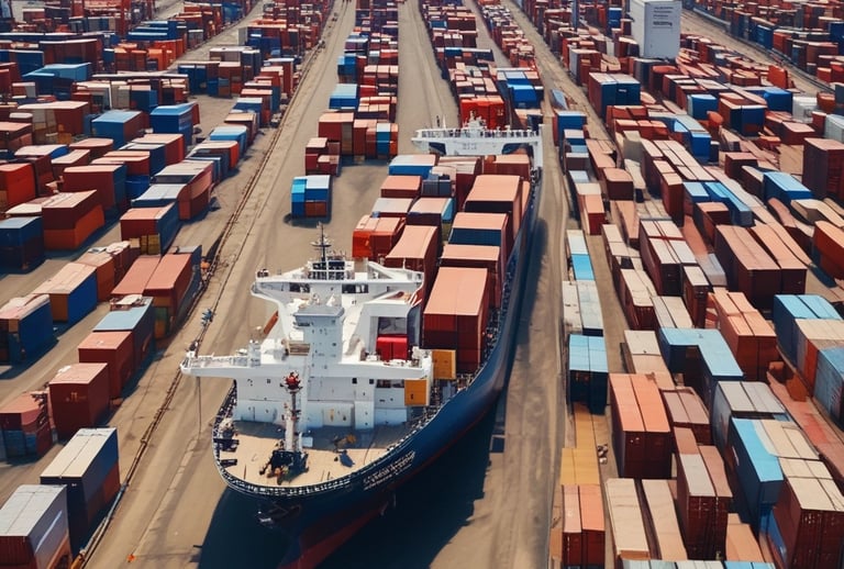 A large cargo ship is loaded with multiple shipping containers stacked high. Cranes labeled 'Terminal Burchardkai' are positioned above, suggesting the loading or unloading process is underway. The ship is sailing through a body of water with a cloudy sky overhead. The containers are colorful and bear various company logos.