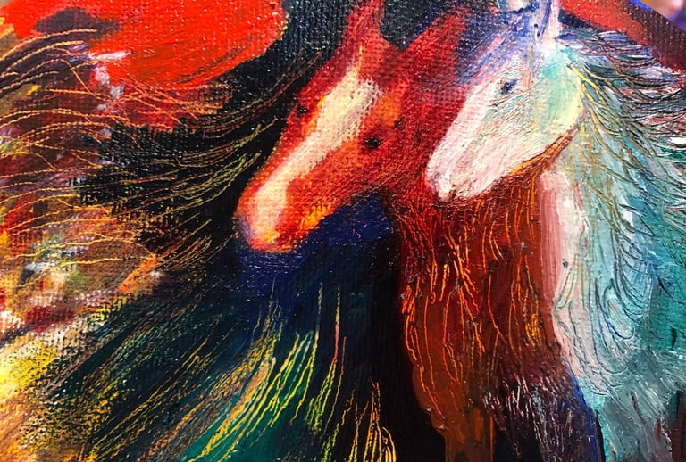 At the Threshold.Image of horses, oil on canvas