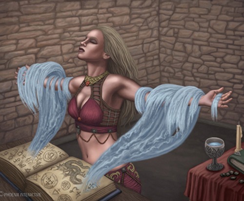 a woman in an ancient top and a book of spells