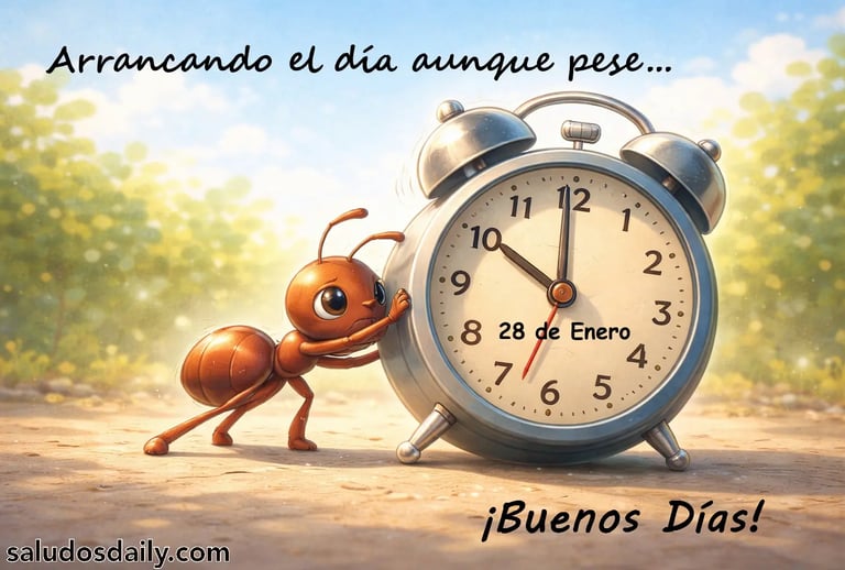 hormiga empujando un reloj despertador grande como si fuera una carreta, mostrando esfuerzo y determ