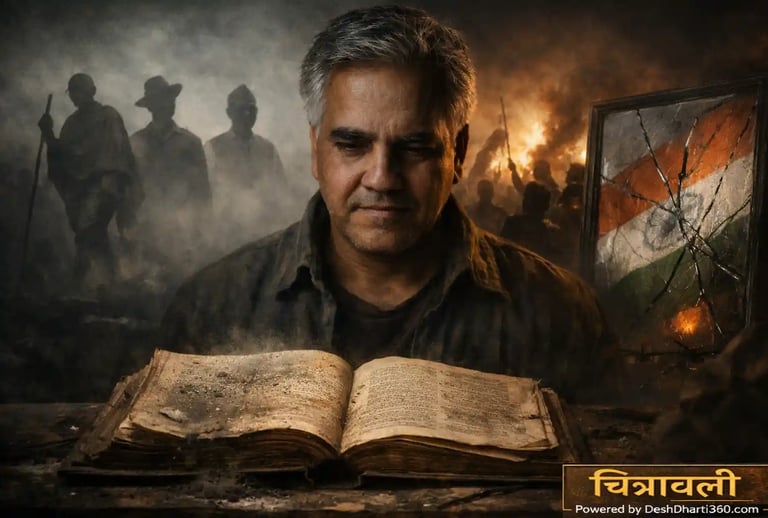 शहीदों के सपनों और आज के भारत के टकराव को दर्शाता भावनात्मक दृश्य, जहाँ नागरिक, संविधान और मौन की सच्चाई दिखती है।