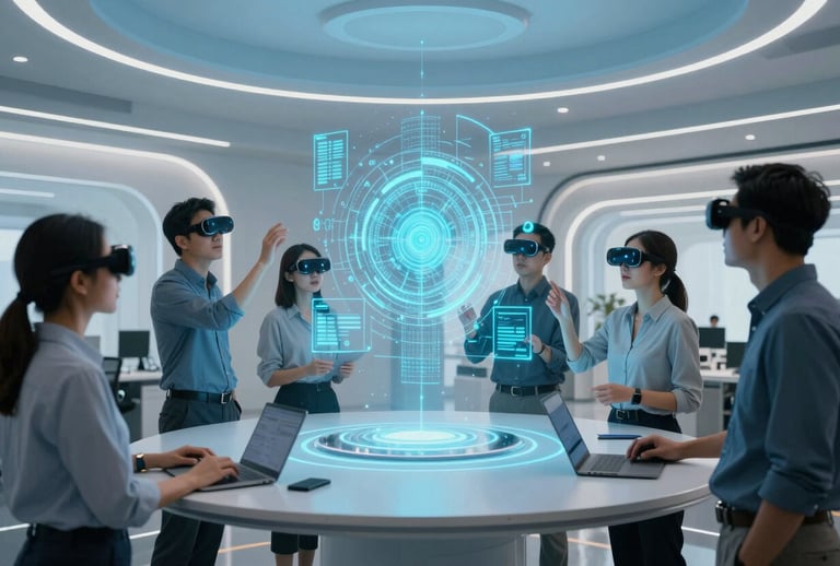 Wide-angle photograph of a collaborative corporate setting in a futuristic North American office. Employees are using AR glasses to interact with a suspended 3D data visualization glowing in bright cyan blue. The atmosphere is professional and collaborative, lit with soft pale blue light.