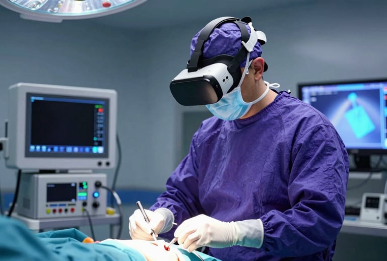 Cinematic photograph of a specialized surgical training simulation in a North American medical facility. A surgeon wears haptic gloves and a VR headset, with deep royal purple and bright cyan blue lighting highlighting the high-tech equipment and precision of the scene.