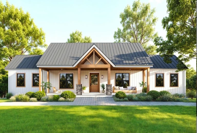 Modern white farmhouse with a grey metal roof, wooden porch pillars, and stone accents.