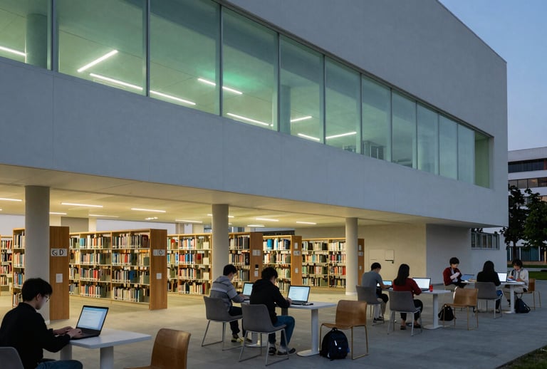 An architectural photography shot of a sleek, minimalist university library interior at dusk. Students are working on thin laptops under soft green LED ambient lighting. Global / English-speaking.