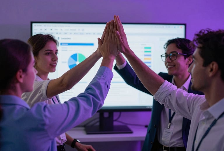 A dynamic action photograph of a team of professionals in a high-tech office environment, high-fiving in front of a large monitor. The lighting is bold and cinematic with purple highlights. Global / English-speaking.