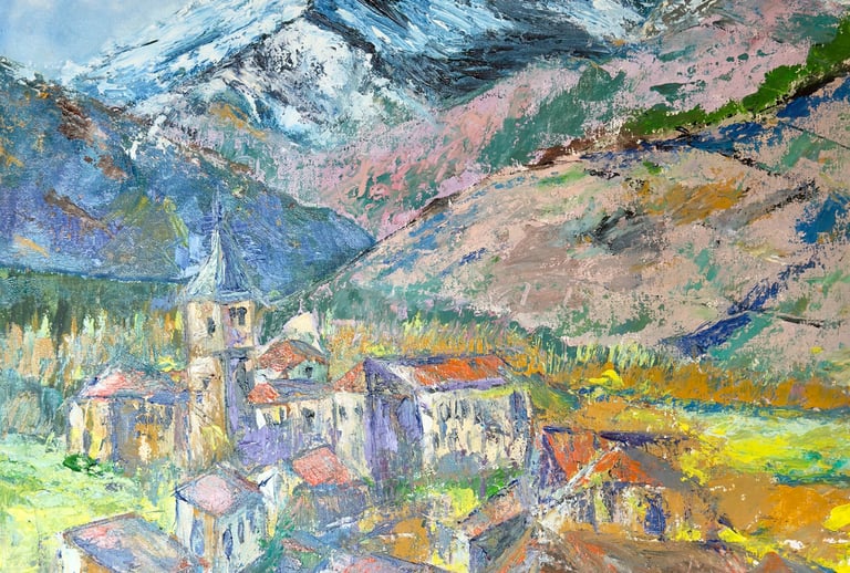 Acrylic Painting of a Village with Mountains A colorful landscape that will brighten up any corner o
