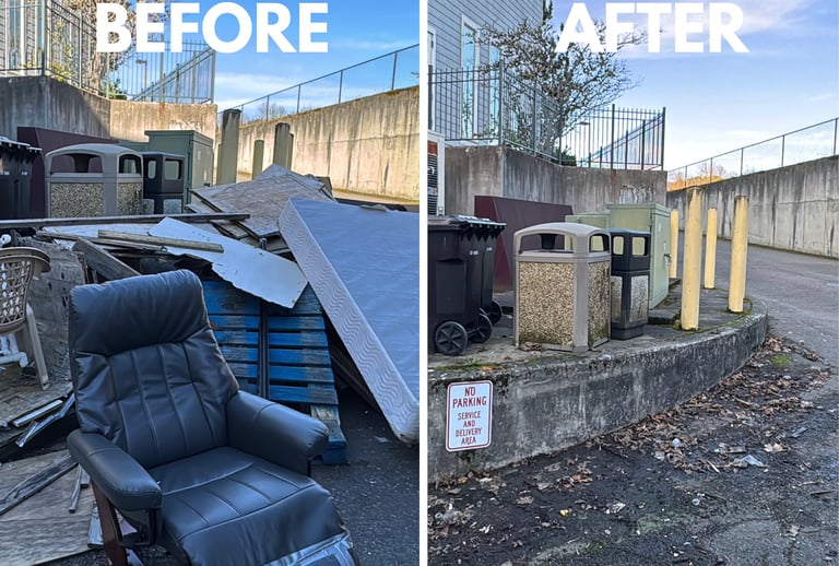 Before and after comparison of professional junk removal services clearing bulky waste and furniture from a loading zone.