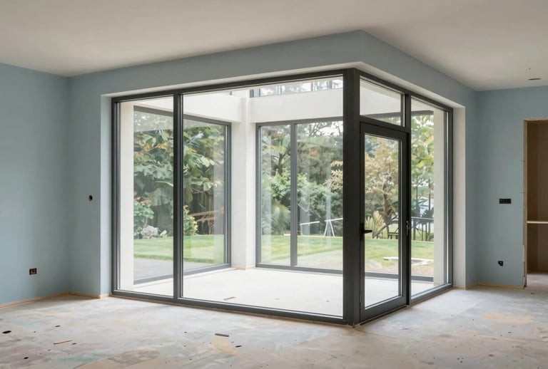A high-end interior renovation project in a Northern European / British home. A modern extension with large glass windows. The room is partially finished with clean plastering and light blue accent walls. Professional photography, soft natural lighting.