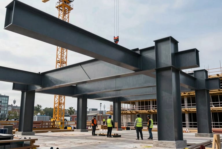 Professional architectural photography of a commercial building site under construction in a Northern European / British city. Large structural steel beams in dark slate color being positioned by a crane. Workers in high-visibility gear onsite. Sharp focus, modern industrial atmosphere.