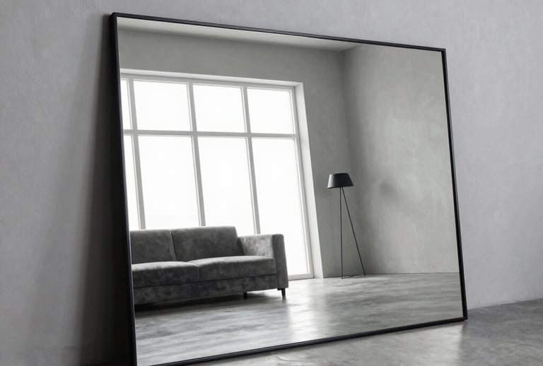 Grand miroir mural noir reflétant un salon lumineux.