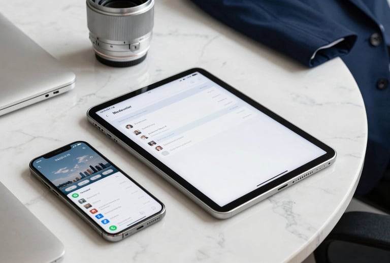 A close-up of a high-end digital tablet and smartphone on a white marble table in a North American / US corporate setting, showing clean professional interfaces, surrounded by silver office accessories and a hint of a navy blue business suit.