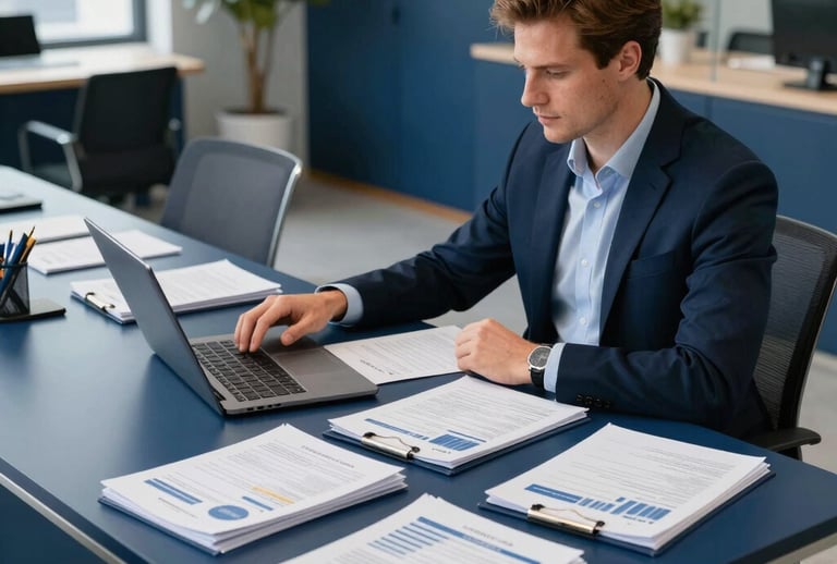 A modern corporate accounting workspace in a North American / US city, with a clean white desk, high-end laptop, neatly organized financial documents, and a backdrop of glass office walls, lighting is crisp and professional with navy blue tones.