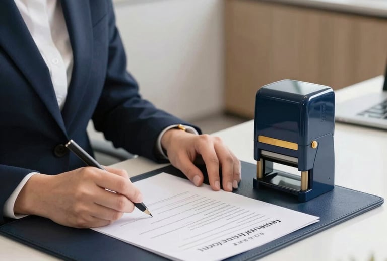 A modern corporate accounting workspace in a North American / US city, with a clean white desk, high-end laptop, neatly organized financial documents, and a backdrop of glass office walls, lighting is crisp and professional with navy blue tones.