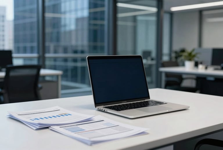 A modern corporate accounting workspace in a North American / US city, with a clean white desk, high-end laptop, neatly organized financial documents, and a backdrop of glass office walls, lighting is crisp and professional with navy blue tones.