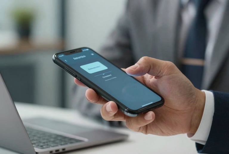 A close up of a Hispanic hand using a smartphone to complete a secure online payment, professional attire, modern office background, soft depth of field, focused on the device, blue and grey color palette.