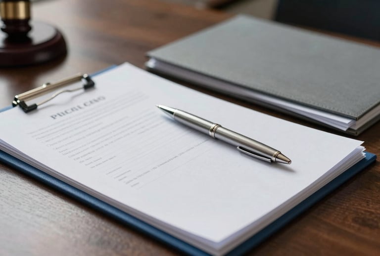 Close up photography of organized legal folders and a silver pen on a dark wood desk, professional Hispanic legal setting, natural side lighting, focused and authoritative composition, blue and grey accents.