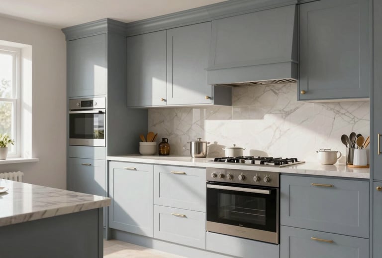 Commercial interior photography of a newly renovated luxury kitchen in a British home. Polished surfaces, high-end appliances, and elegant light blue-grey cabinetry. Bright, airy composition, soft morning sunlight. Northern European / British.