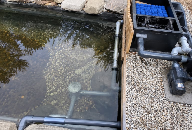 A biological pond filter system with blue media and PVC plumbing installed beside a gravel-lined garden pond.