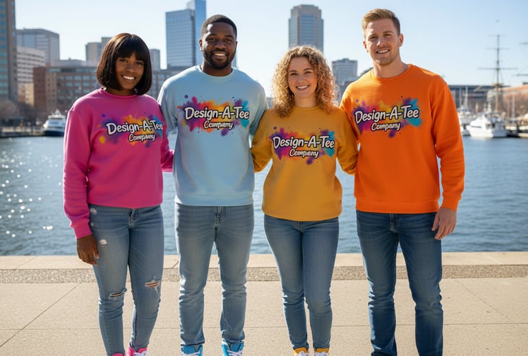 A group of friends wearing pink, baby blue, golden yellow & orange sweatshirts by the Inner Harbor
