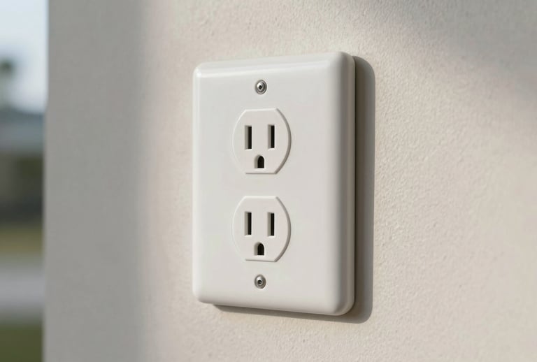 Detailed photography of a high-quality, newly installed white electrical outlet on a clean neutral wall in a US Gulf Coast residence. Soft morning light, professional and sharp focus.