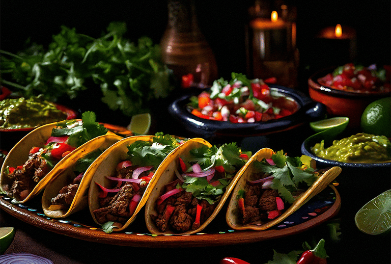 "Una mesa con tacos y mucha comida."