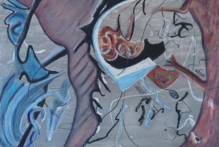 Headless Horseman — grey and blue abstract suggesting a decapitated rider in motion, by Zanda