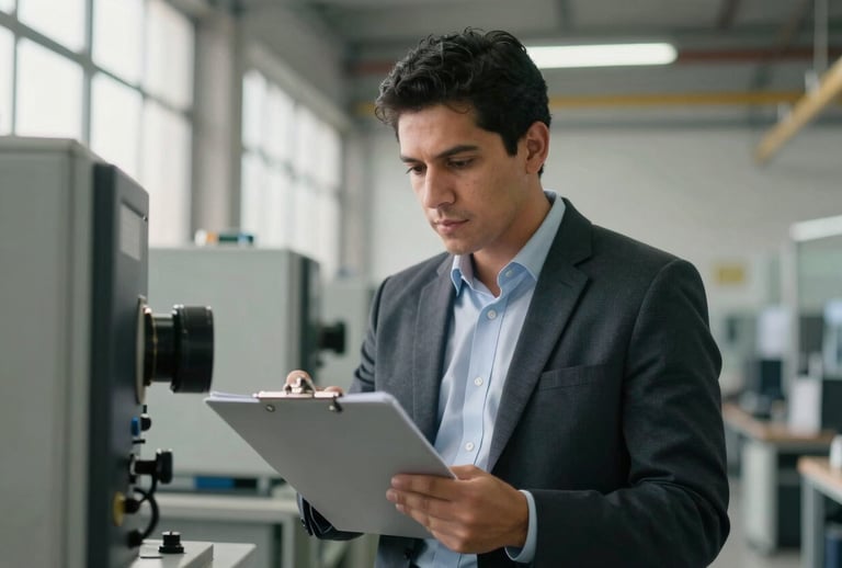 A focused professional in a modern industrial setting in Latin America, performing a rigorous internal audit. The person is holding a clipboard, looking at equipment, with soft morning light and a professional, technical atmosphere.