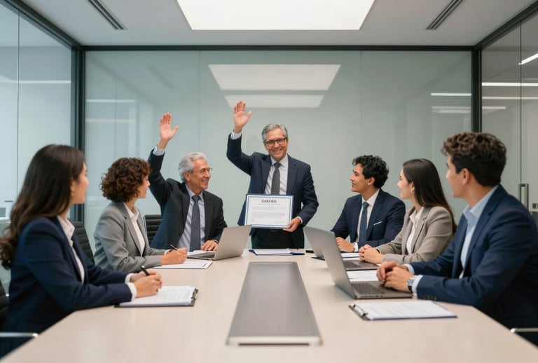 Wide shot of a successful business team in a Latin American corporate boardroom, celebrating the achievement of a certification. Professional attire, clean minimalist glass and steel interior, tones of navy blue and light gray.