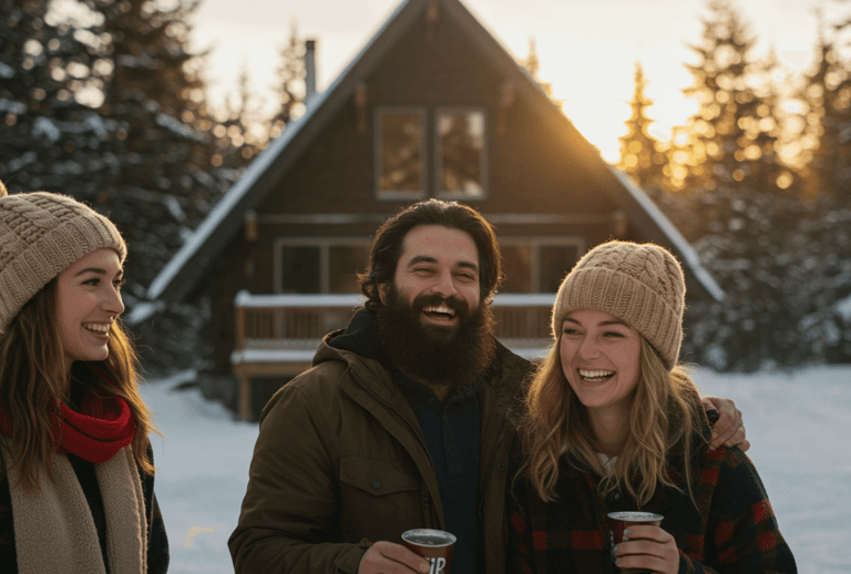 a group of people standing around a coffee cup