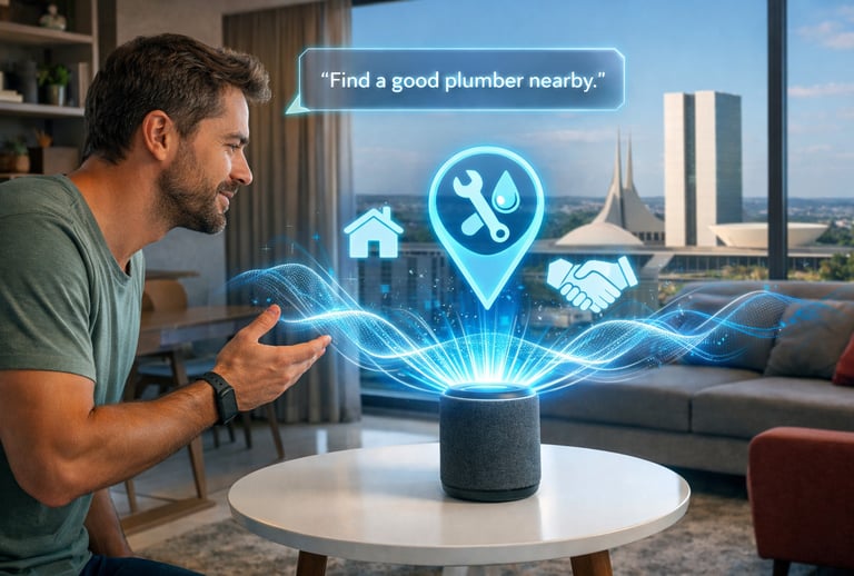 Usuário em Brasília utilizando busca por voz via smart speaker para encontrar serviços locais de forma rápida.