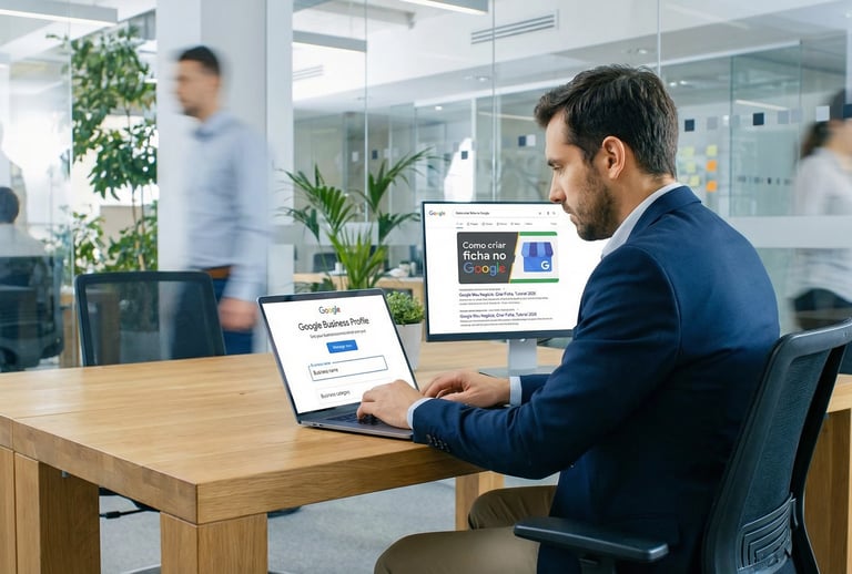 Empreendedor configurando o Perfil da Empresa no Google em um escritório moderno.