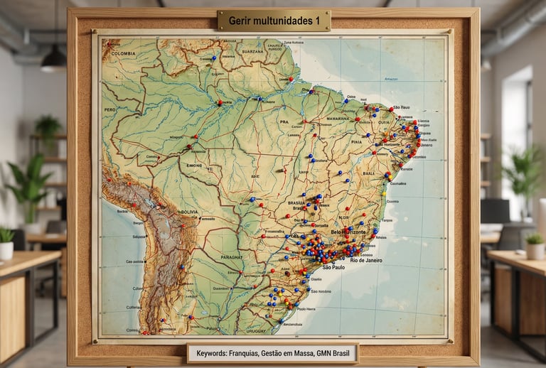 Mapa do Brasil com pinos representando unidades de uma empresa.