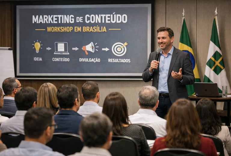 Workshop de marketing de conteúdo para empresários locais em Brasília focando em autoridade.