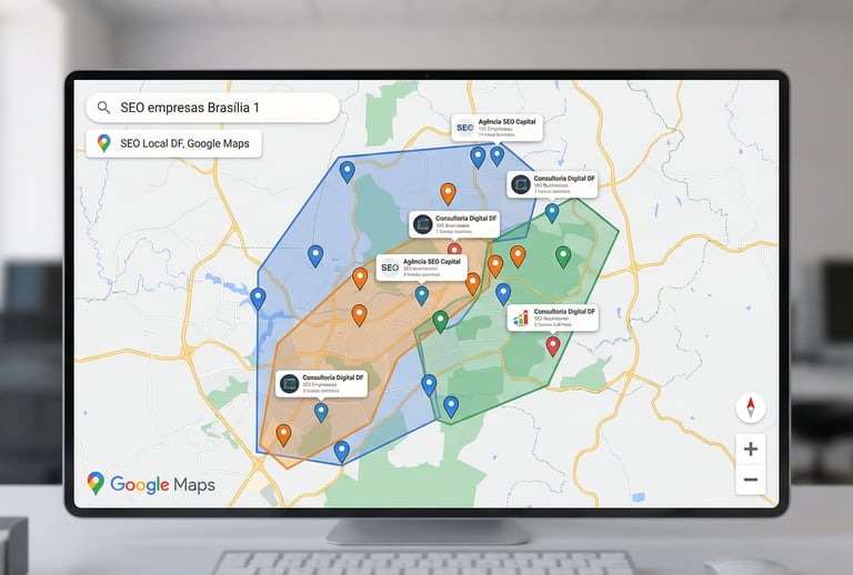Mapa de SEO Local mostrando cobertura de empresas no Distrito Federal.