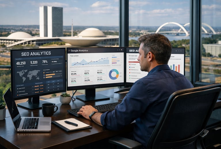 Especialista em marketing digital analisando métricas de SEO para sites em Brasília.