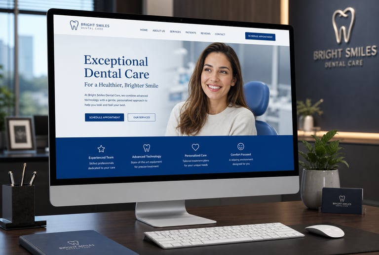 Site de clínica odontológica de alta qualidade exibido em um computador de mesa em um escritório profissional.
