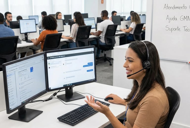 Atendente de suporte técnico em um escritório moderno de tecnologia.