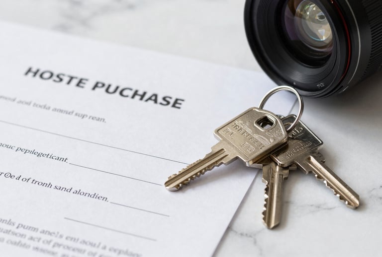 Close-up photography of a real estate purchase agreement and a set of modern house keys on a white marble surface. Sharp focus, clean composition, North American real estate context.