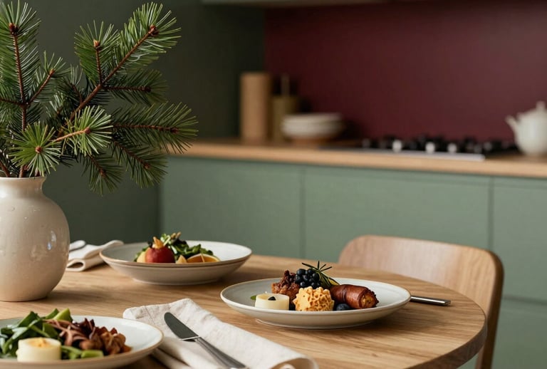 A beautifully styled Scandinavian interior featuring elegant home decor and lifestyle products. On a light oak table, there are exquisite ceramic plates with artisanal food, minimalist linen napkins in parchment cream, and a vase with pine branches. Soft focus background showing a modern kitchen with forest green cabinets and subtle deep carmine red accents. Warm, natural morning light, peaceful and prosperous vibe. Global / Brazilian and International context.