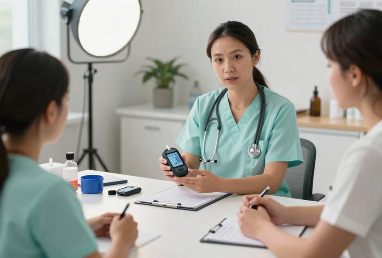 A health educator in a clinical North American setting teaching a small group about diabetes self-management. The scene includes medical training tools, professional lighting, and a palette of light teal and off-white.