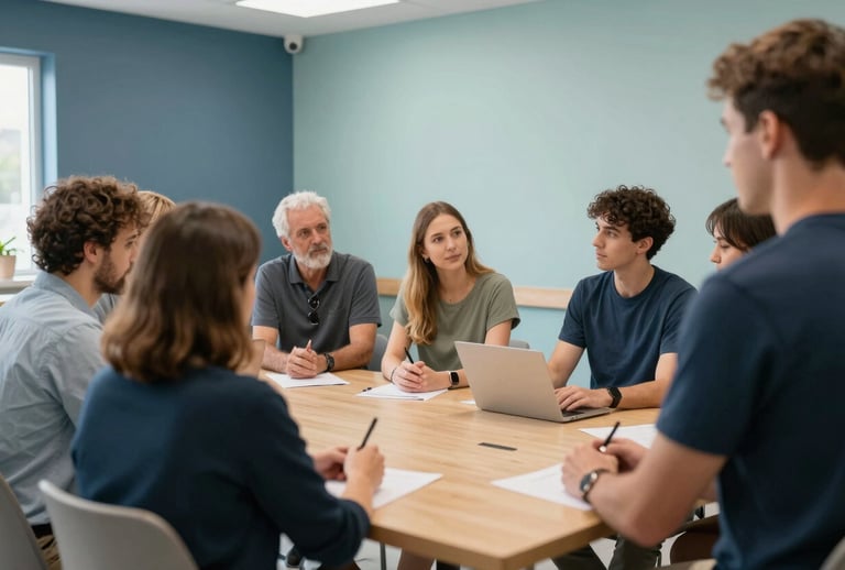 A group of adults participating in an engaging skill-building activity within a bright, modern North American day program center. The atmosphere is supportive and professional, featuring muted blue and light teal wall colors.