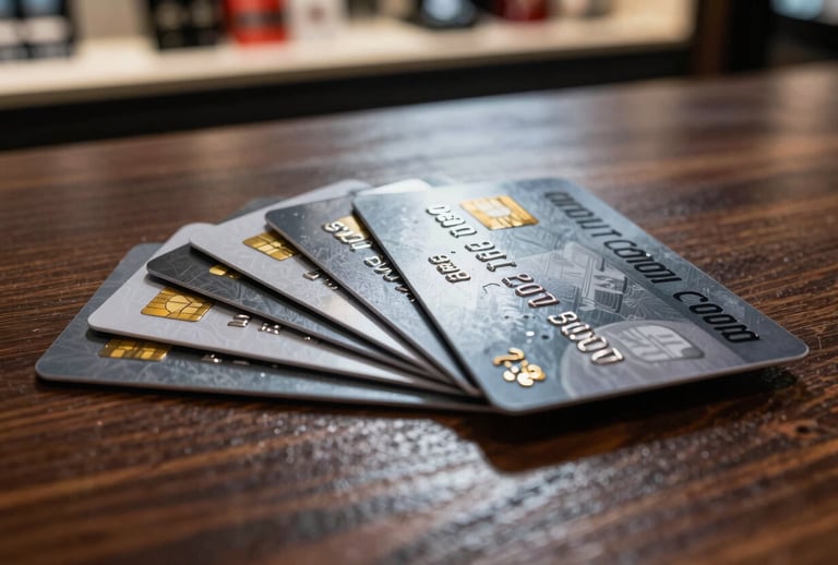 A close-up of several premium credit cards fanned out on a dark, polished wooden table in a high-end retail shop in Mumbai. The lighting highlights the metallic textures of the cards, conveying luxury and financial smarts.