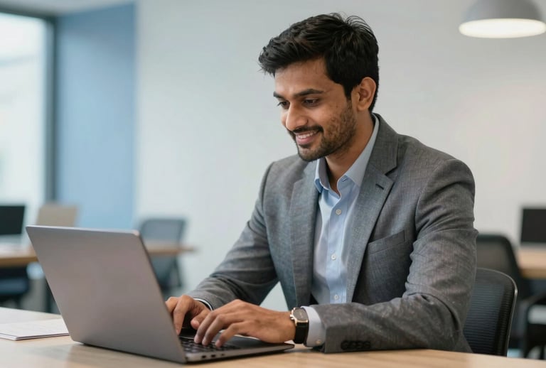 A focused South Asian man in a smart-casual outfit sitting in a modern co-working space, looking at his laptop screen with a smile. The environment is clean and professional, with soft blue and white background tones.