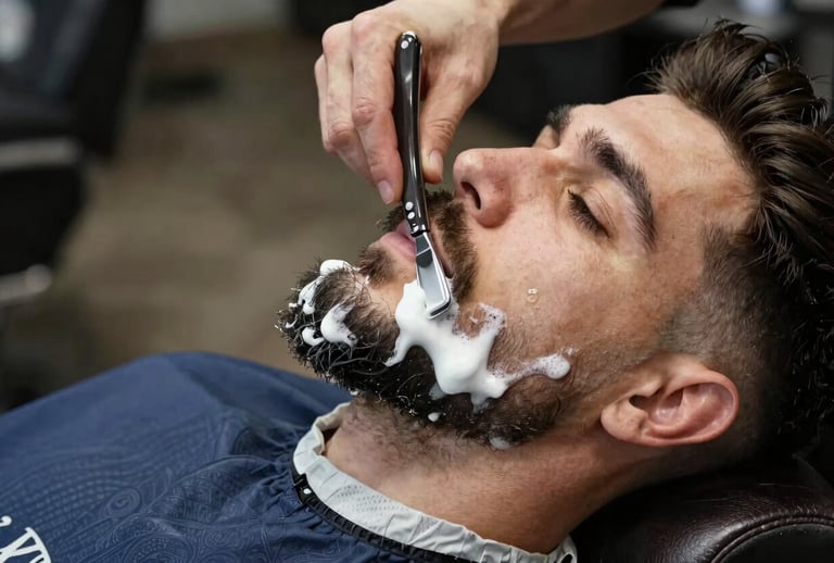 Detailed shot of a professional barber grooming a man's beard using a traditional straight razor. White foam, a warm towel nearby, masculine leather textures, European / Romanian style, Slate Blue and Deep Black color accents.