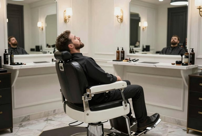 A man reclining in a vintage leather barber chair in a sophisticated Tulcea barber shop. Wide shot showing an elegant mirror and grooming products, soft moody lighting, European / Romanian interior design, dominated by Deep Black and Off-white colors.