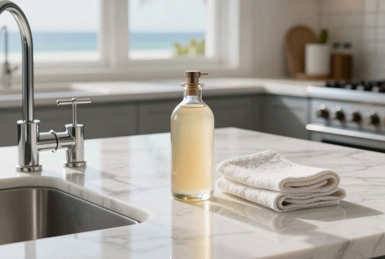 An immaculate North American / US luxury kitchen with polished white marble countertops reflecting pristine light. Sleek chrome fixtures gleam. An elegant glass bottle of organic soap and a soft microfiber cloth sit neatly arranged on the counter. Bright, airy coastal breeze aesthetic, high-end professional residential photography.