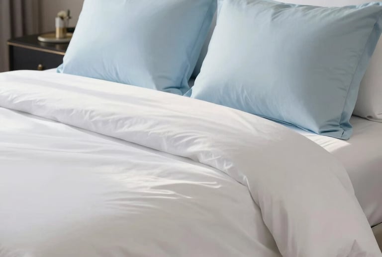 Close-up of a perfectly made bed in a luxurious North American / US estate bedroom, showcasing crisp, flawlessly ironed alabaster white linens and soft pastel blue accent pillows. A gentle, warm sunlight creates a sparkling, pristine atmosphere. High-end hospitality aesthetic, immaculate and extremely clean, professional commercial photography.