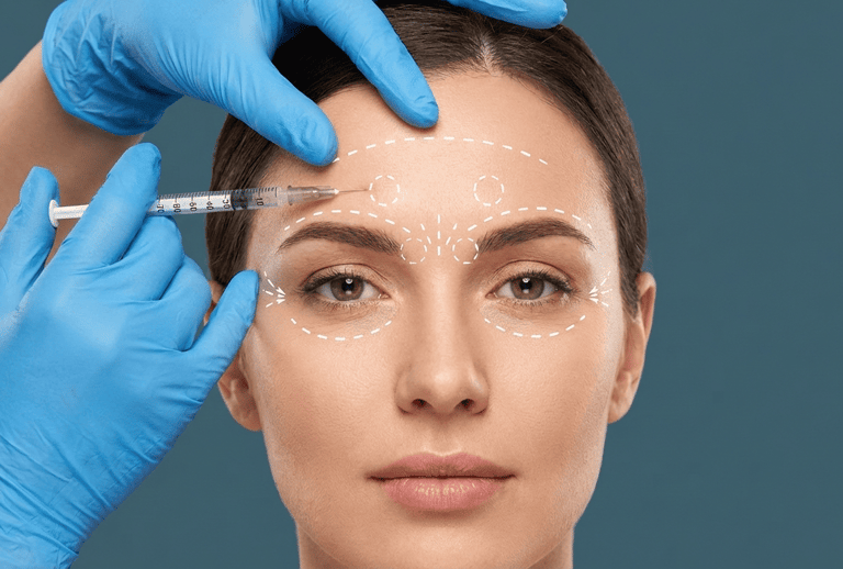 Una mujer recibiendo una inyección cosmética facial con marcas para tratamientos antienvejecimiento 